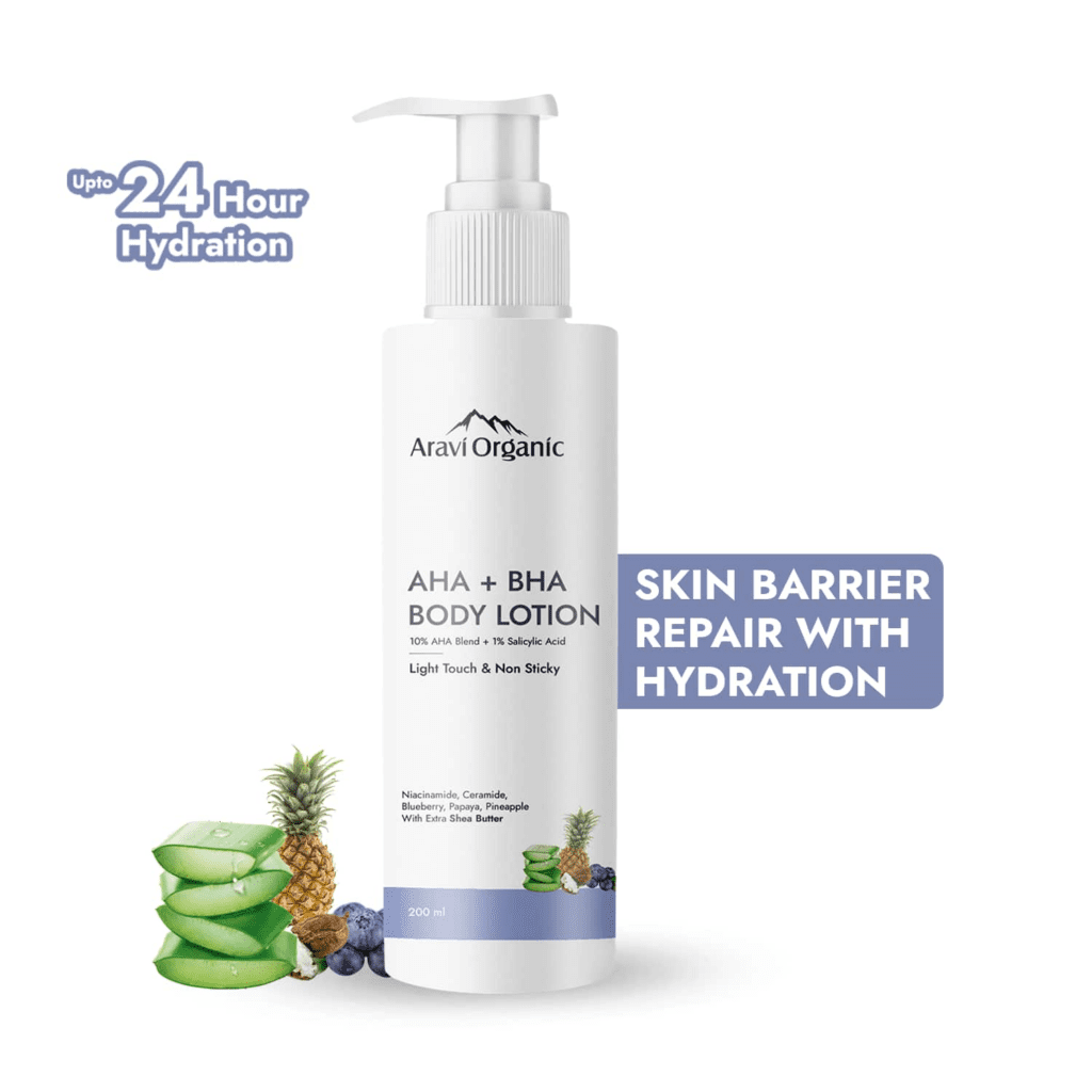 Aravi Organic 10% AHA + 1% BHA Body Lotion Treats Strawberry Legs & Bumpy Skin (200 ml) - Aravi Organic