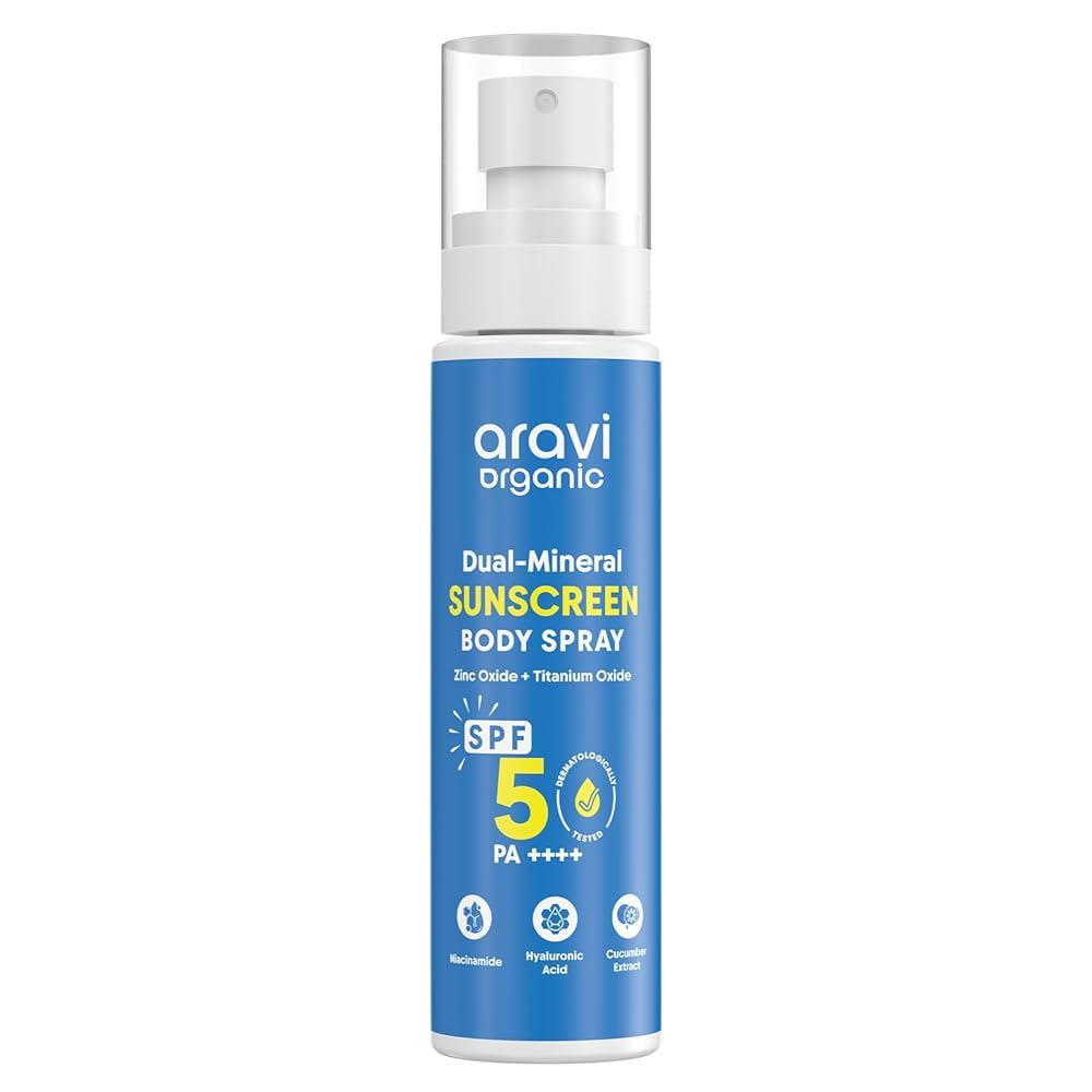 Aravi Organic Dual Mineral Sunscreen Body Spray with SPF 50 PA++++, Zinc Oxide & Titanium Dioxide, Water-Resistant, Broad Spectrum UVA & UVB Protection, Non-Greasy &...