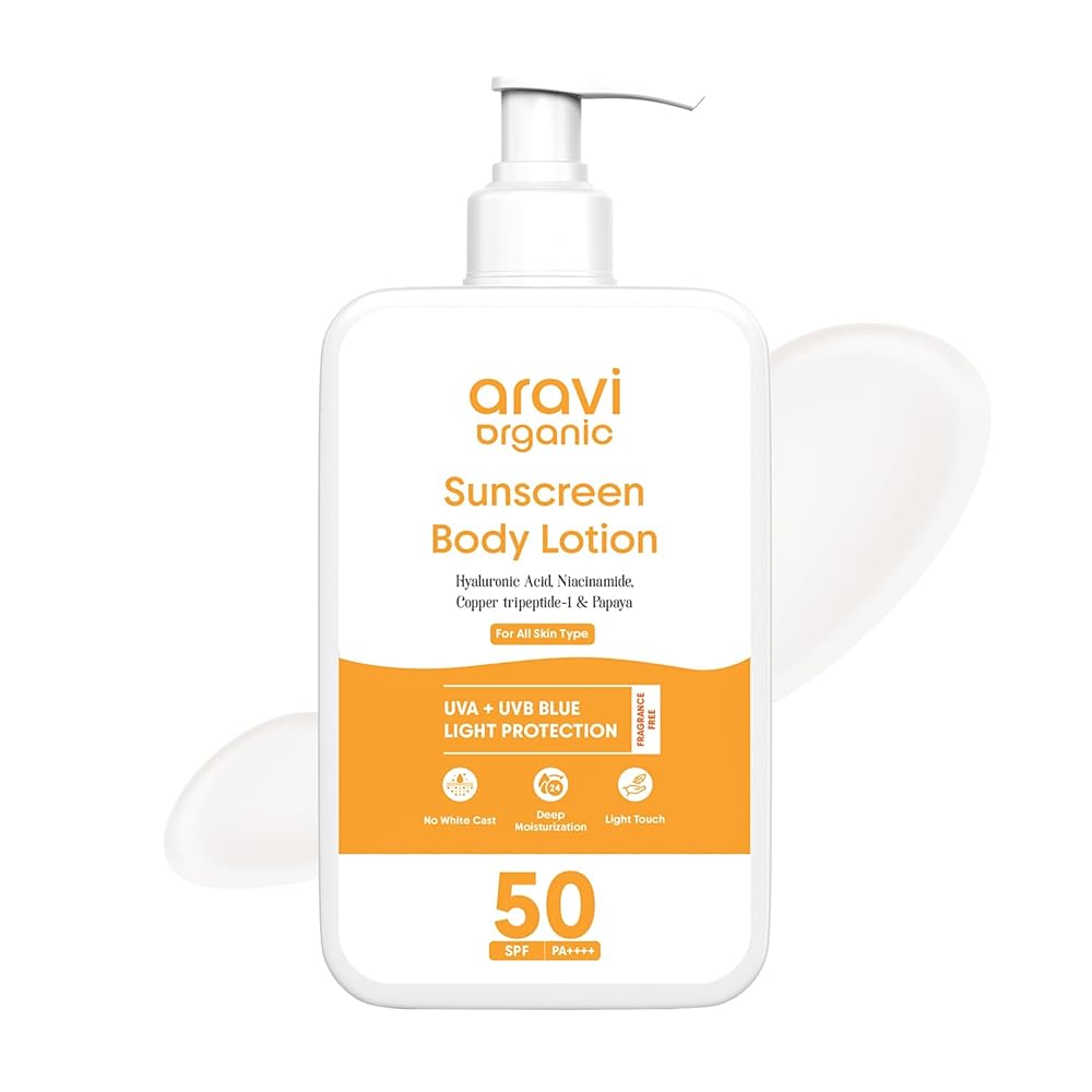 Aravi Organic Oil-Free Sunscreen Body Lotion SPF 50 PA++++ | Lightweight, Quick Absorbing & No White Cast | UVA & UVB Protection | With Niacinamide, Hyaluronic Acid & Copper...