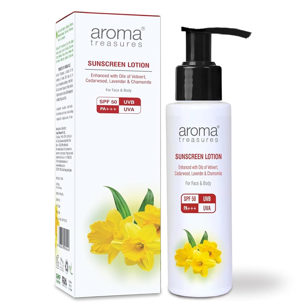 Aroma Treasures Sunscreen Lotion with SPF 50 | Water-resistant | UVA/UVB protection, Infused Lavender, Chamomile & Vetivert | Easy-to-apply for all skin types, face & body | SPF...
