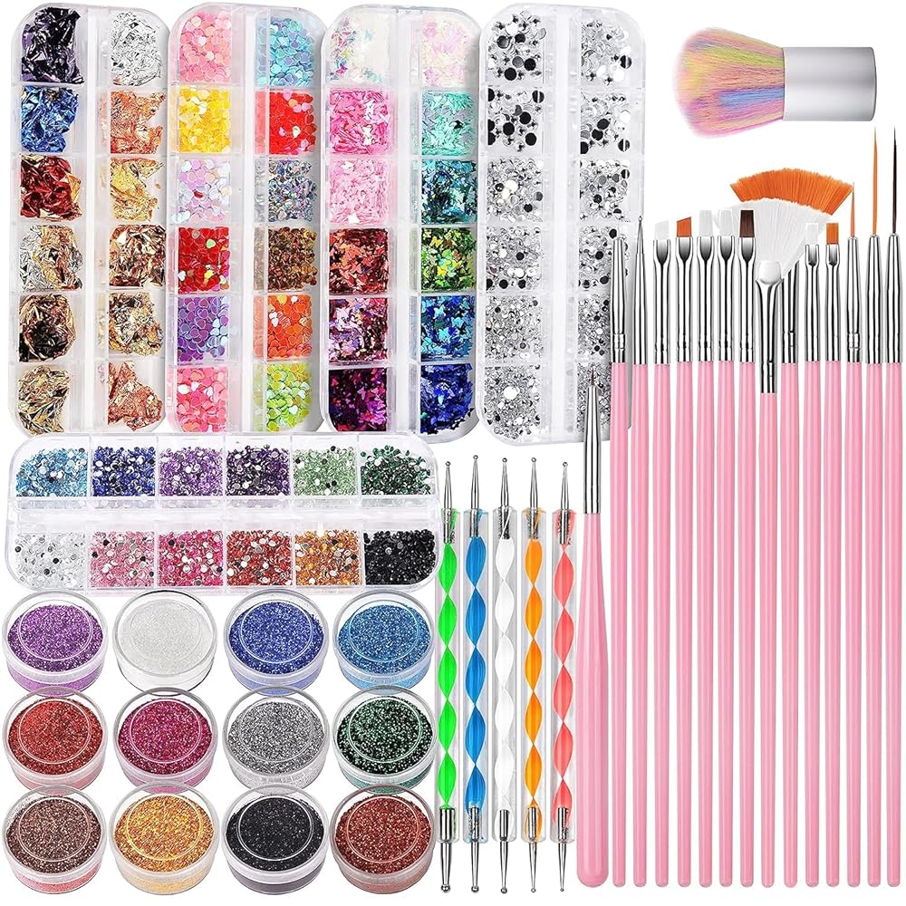 Art Kit With Brushes, Dotting Tools, Fine Glitter, Butterfly, Heart Sequins, Foil Flakes, Rhinestones, and Dust Brush for Nail Design
