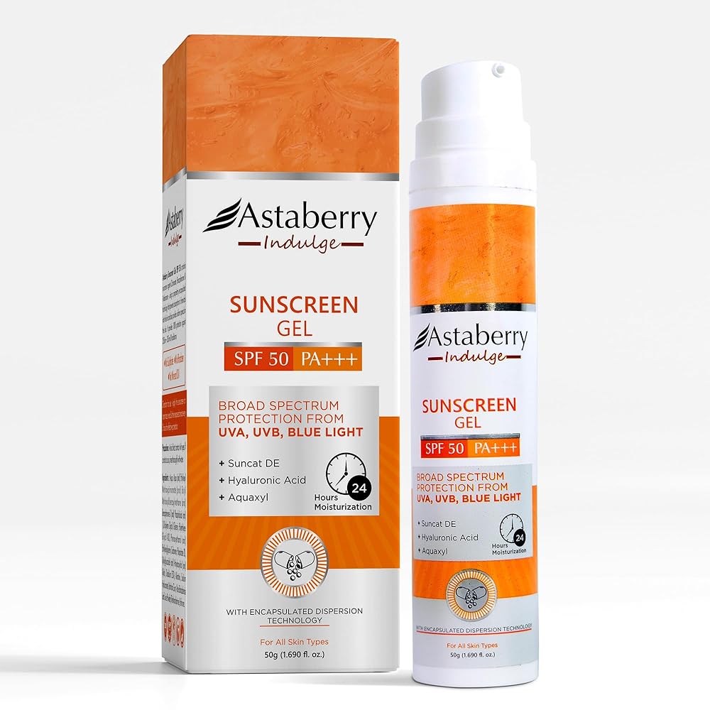 ASTABERRY Indulge Sunscreen Gel Suitable for All Skin Types SPF 50 PA+++ |Broad Spectrum Protection From UVA/B & Blue Light| Suncat DE & No White Cast | Light Weight & Non...