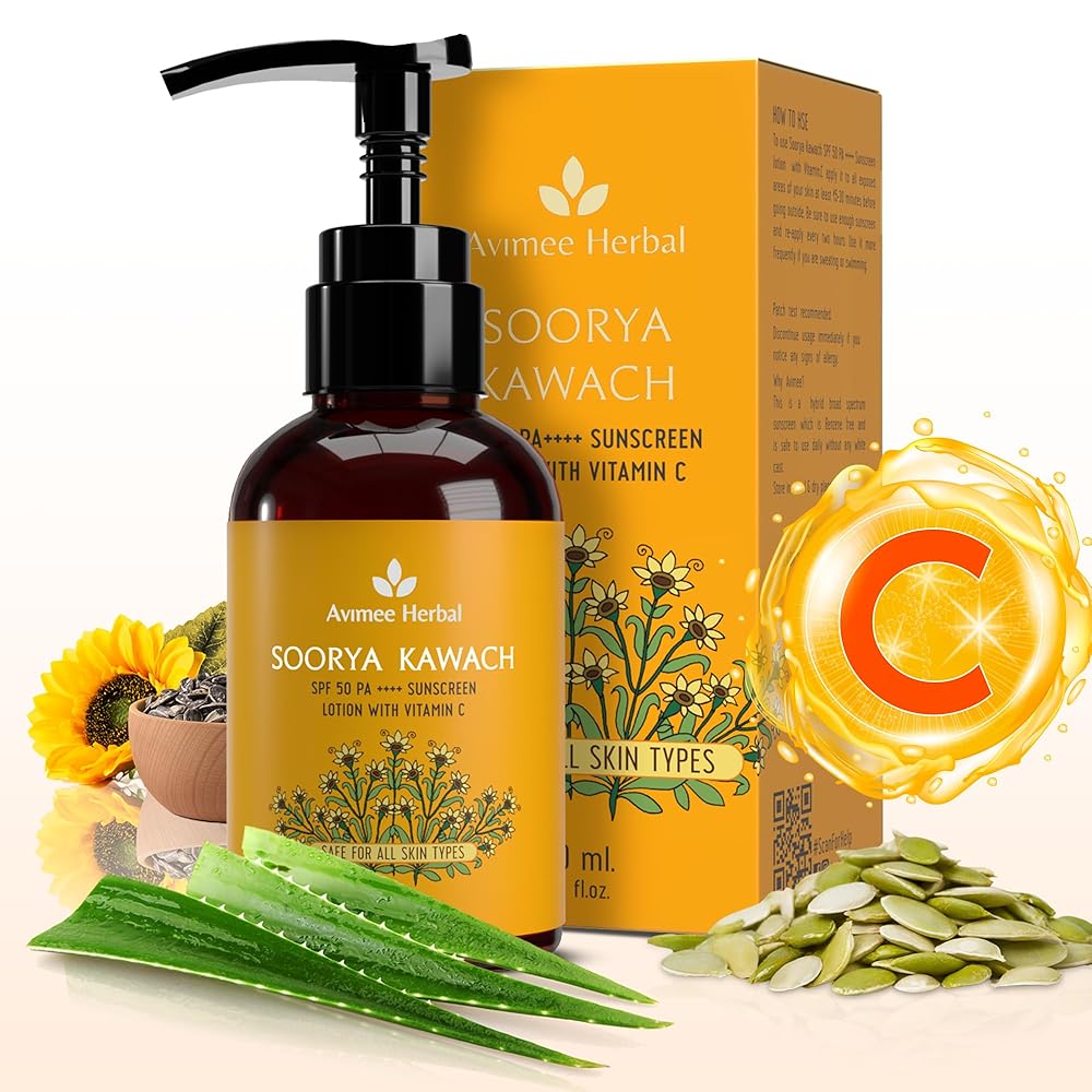 AVIMEE HERBAL Soorya Kawach Spf 50 Pa++++ Sunscreen Lotion With Vitamin C | Broad Spectrum Uva, Uvb & Blue Light Protection | For Radiant & Glowy Skin | 100 Ml For All Skin...
