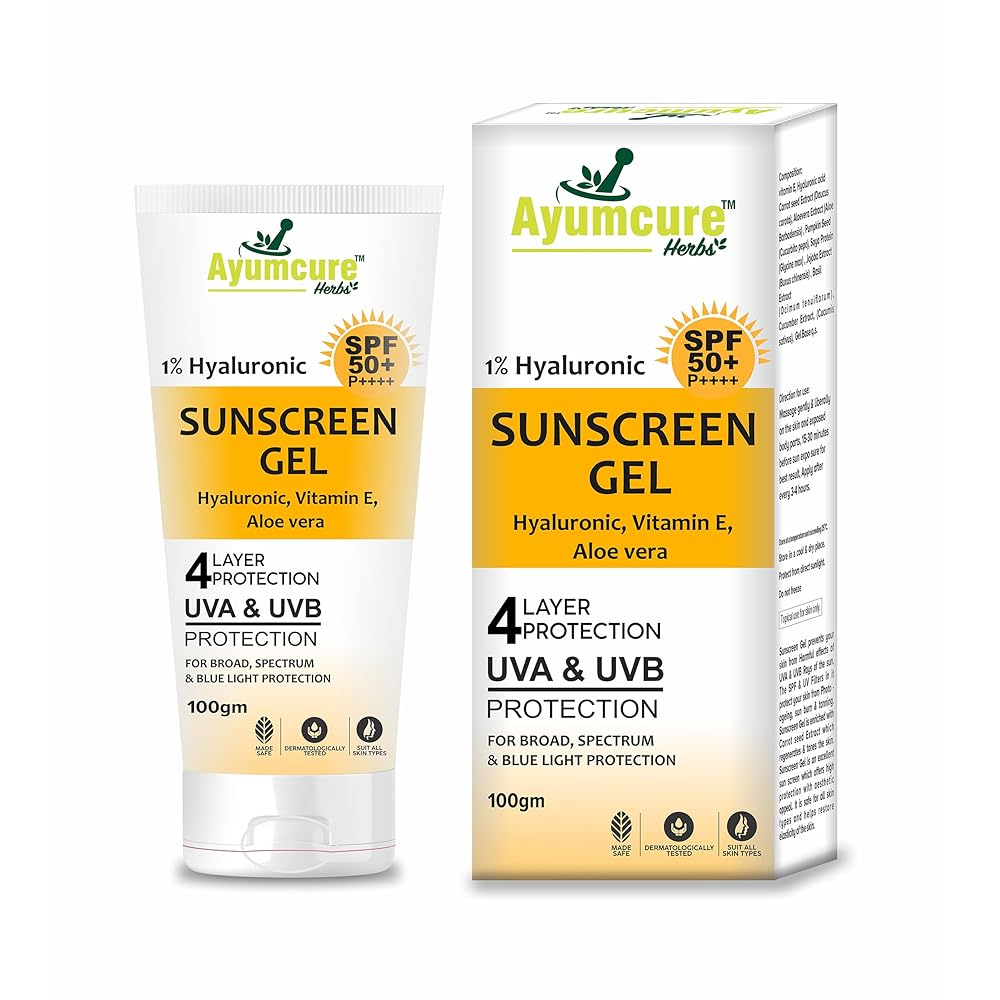 Ayumcure 1% Hyaluronic Sunscreen Aqua Gel 100 gm SPF 50 PA++++ | With Vitamin E & Aloe Vera | Ultra-Lightweight, Non-Greasy, No White Cast | Broad Spectrum UVA/UVB & Blue Light...