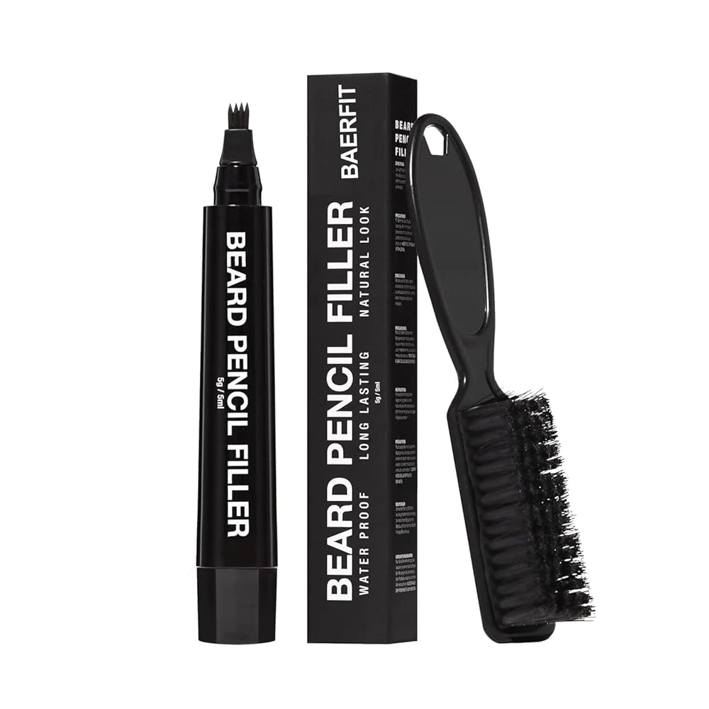 BAERFIT Beard Men's Waterproof Beard Filling Pen With Brush Beard Color Pencil Long-Lasting Natural Coverage,Repair Beard Shape,Moustache Colour,And Eyebrows Bristle Beard Brush...