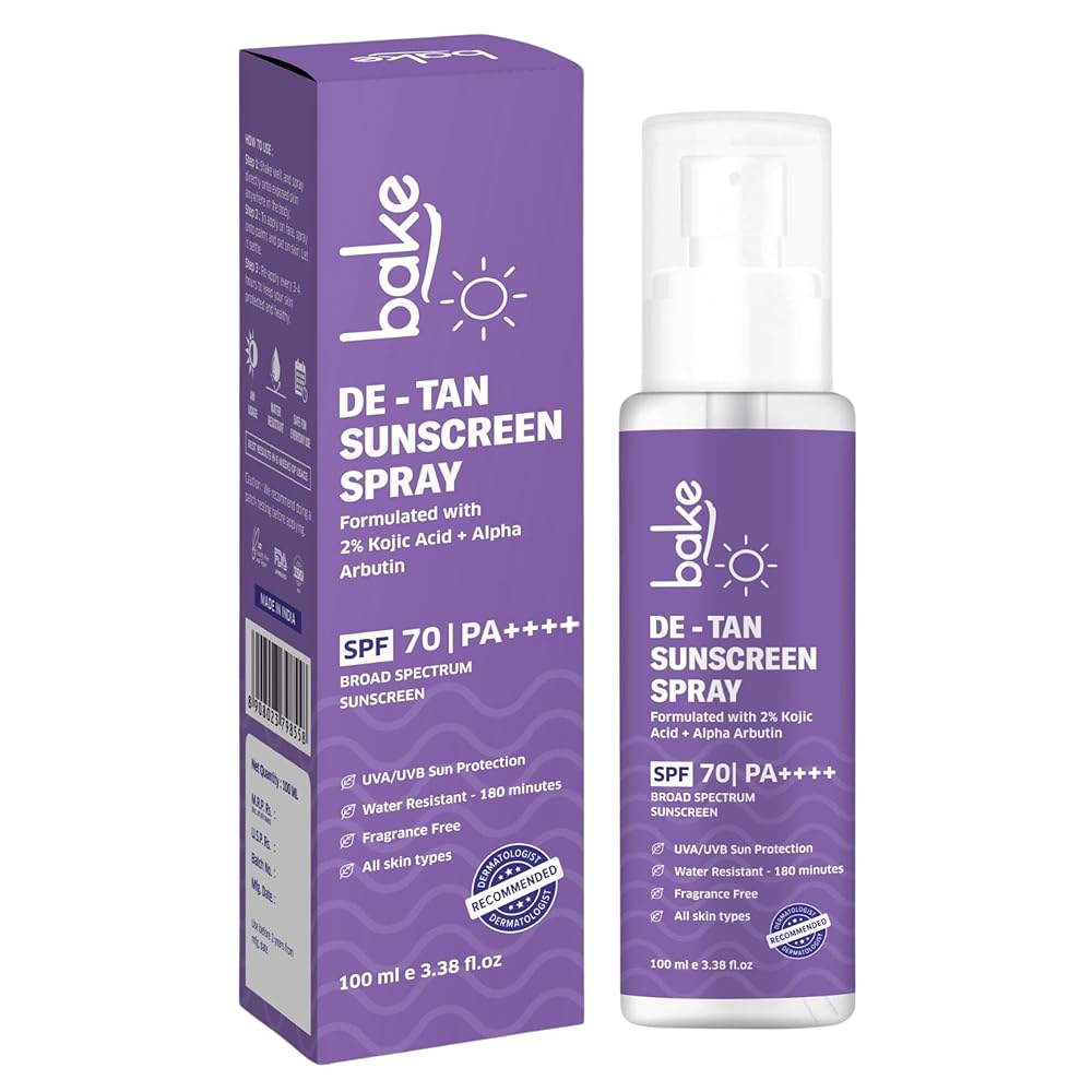 BAKE Spf 70 Sunscreen Spray Pa++++|Waterproof - 180 Minutes|With 2% Kojic Acid & Alpha Arbutin,Sweat Resistant|For Tan Removal,Pigmentation & Uva/B Sun Protection|No...