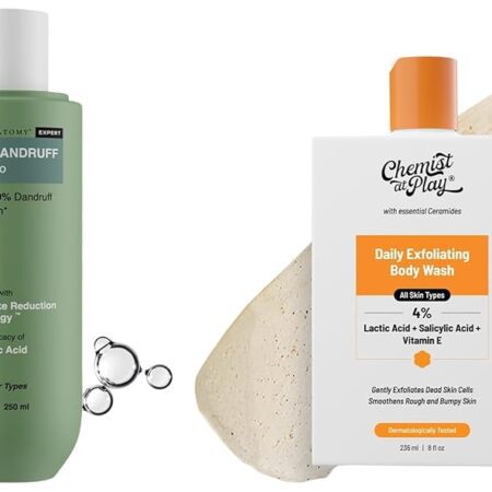 Bare Anatomy Anti Dandruff Shampoo AllHair types 250ml and Chemist At Play 1% Salicylic Acid Exfoliating Body Wash 236ml