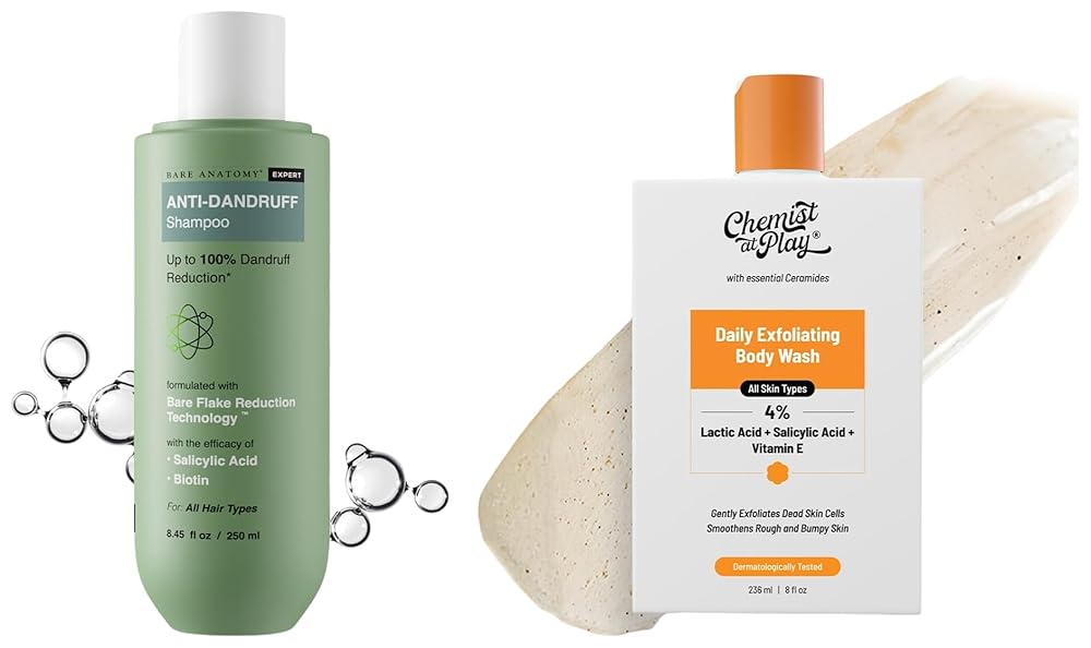 Bare Anatomy Anti Dandruff Shampoo AllHair types 250ml and Chemist At Play 1% Salicylic Acid Exfoliating Body Wash 236ml