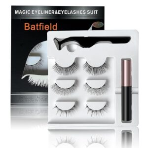 Batfield 3 Pairs Magnetic False Eyelashes - Reusable Fake Eyelashes with Eyeliner and Tweezer - Artificial Eye Lashes for Women Natural Wispy(Style 8)
