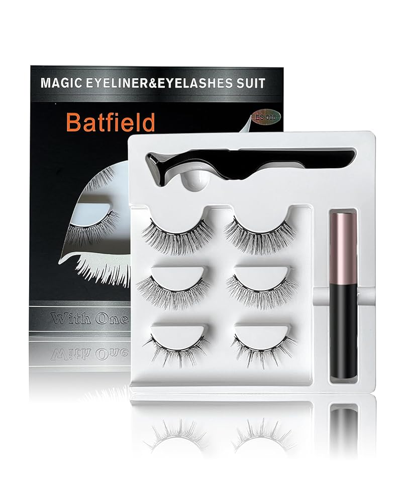 Batfield 3 Pairs Magnetic False Eyelashes - Reusable Fake Eyelashes with Eyeliner and Tweezer - Artificial Eye Lashes for Women Natural Wispy(Style 8)