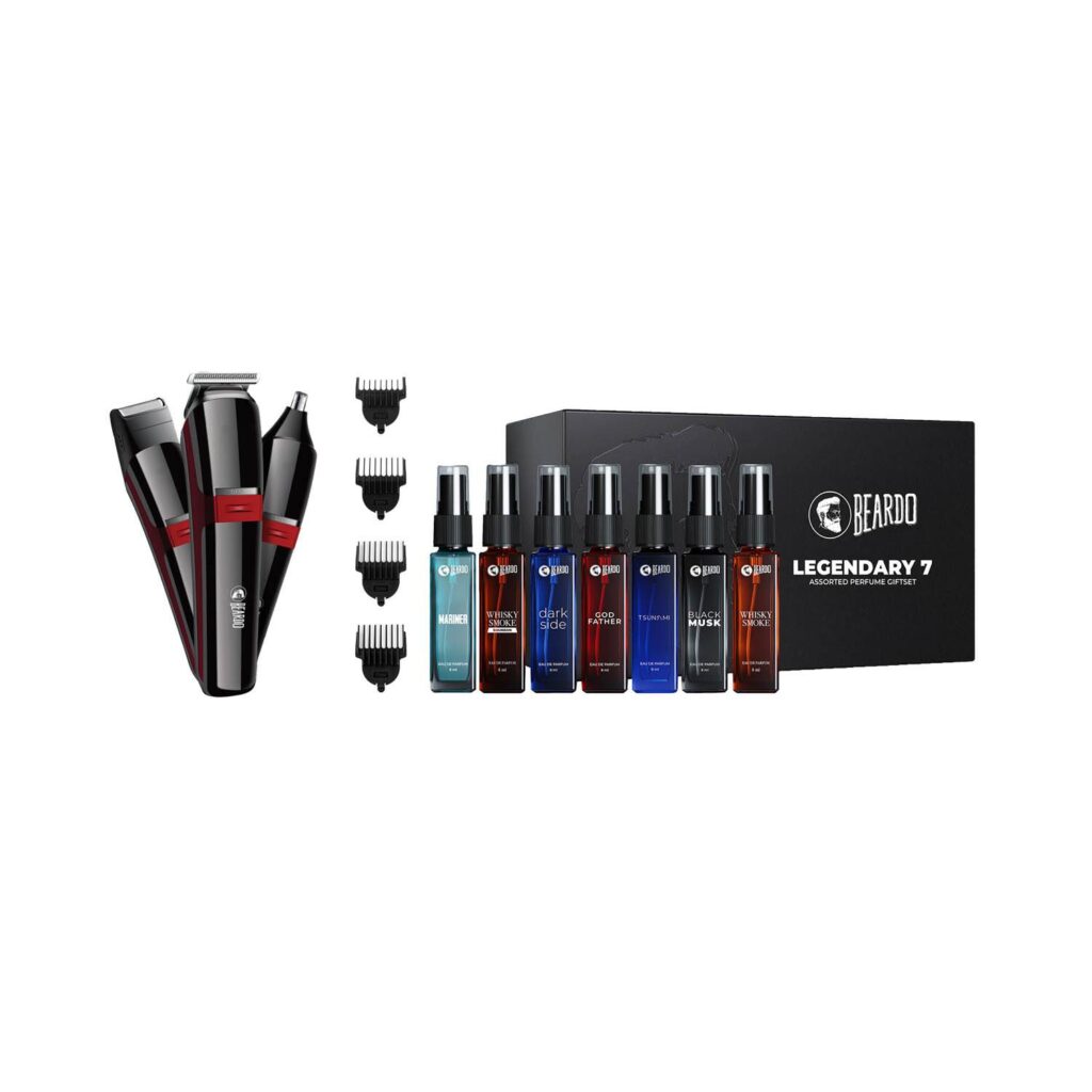 Beardo Legendary 7 Assorted Perfume Gift Set & APE-X 3-In-1 Multipurpose Trimmer - Black & Red Combo - Beardo
