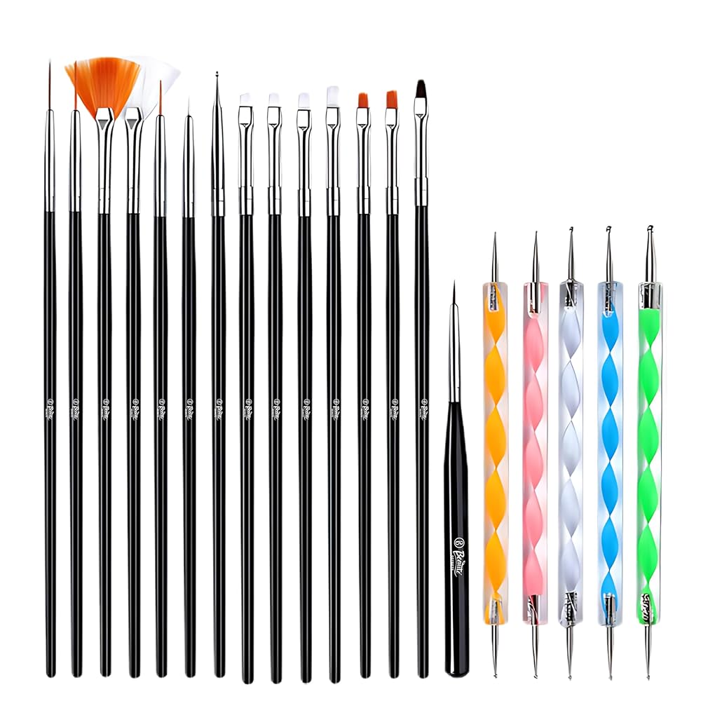 Beauté Secrets 20 Pcs Nail Art Brushes, Nail Art Design Painting and Drawing UV Polish Brush Tool Kit,Dotting Tool, Acrylic Nail Art Design Painting Tool Pen Polish Nail Brush Set