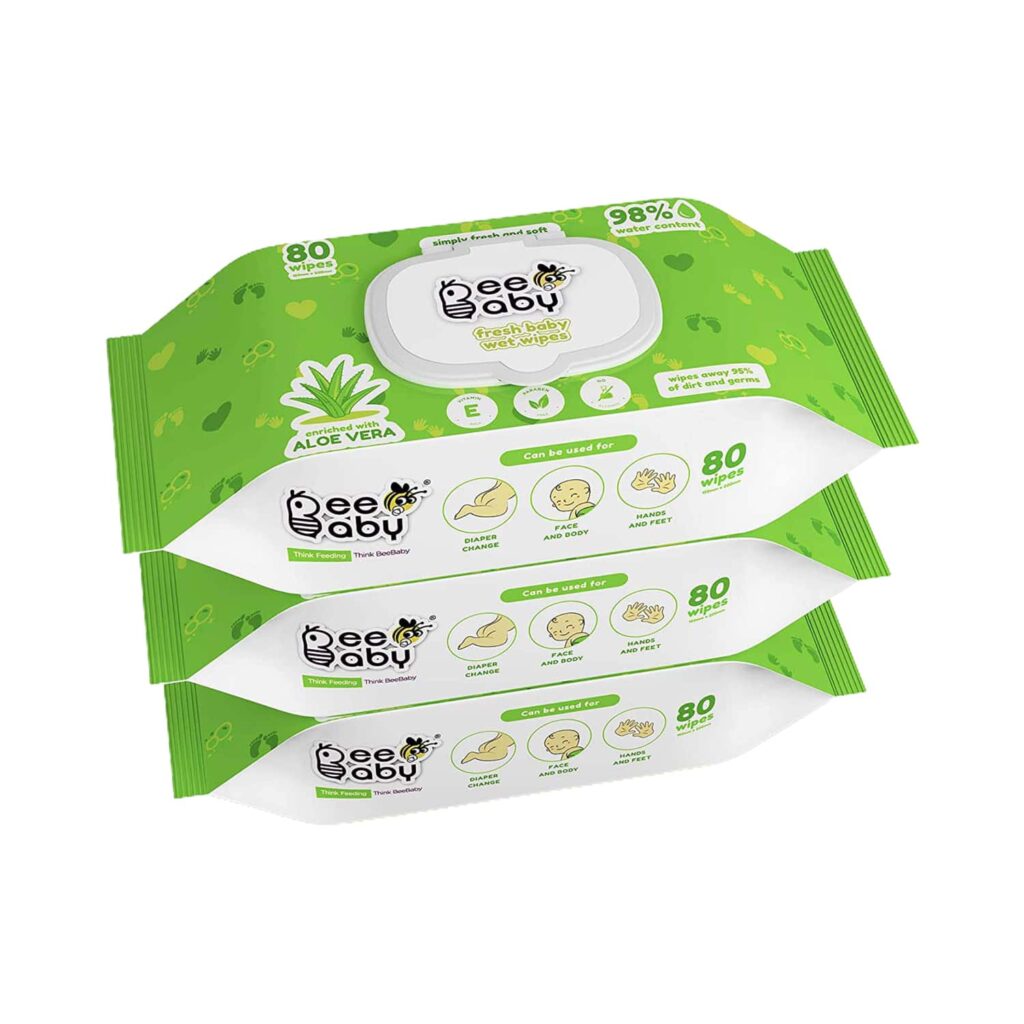 Beebaby Fresh Baby Wet Wipes with Plastic Lid - Pack of 3 (80 Wipes) - Beebaby