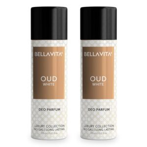 Bella Vita Luxury OUD WHITE No Gas Body Deodorant Parfum Combo for Men with Orange, Fressia & Tobacco|Woody Long Lasting Deo, Pack of 2, 150 Ml Each Spray