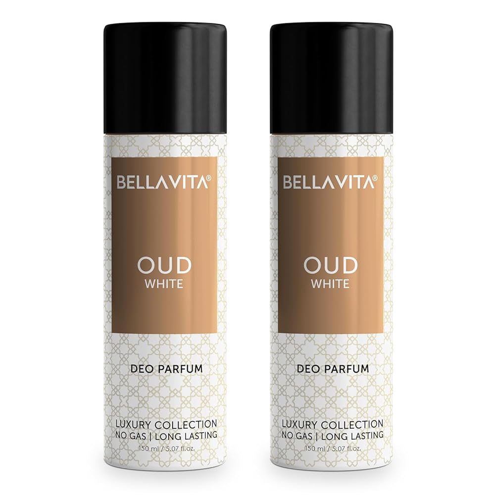 Bella Vita Luxury OUD WHITE No Gas Body Deodorant Parfum Combo for Men with Orange, Fressia & Tobacco|Woody Long Lasting Deo, Pack of 2, 150 Ml Each Spray