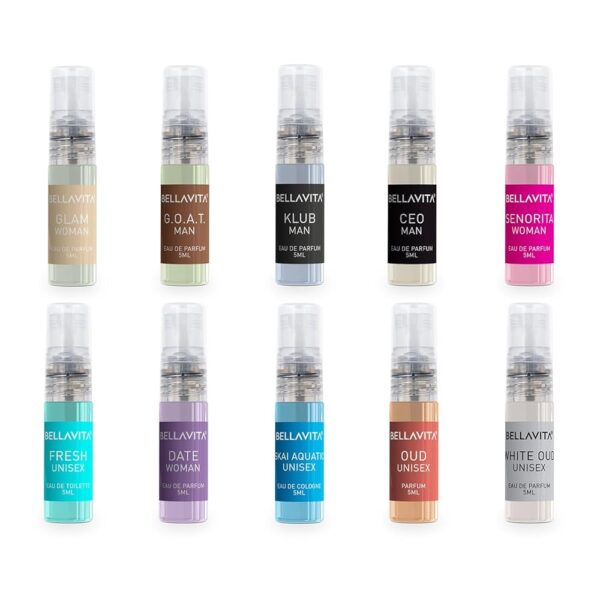 Bella Vita Luxury | Trial Pack Of 10x5ml Long Lasting Pocket Perfume for Man and Woman | Mix Of EDP, EDT & EDC Sweet, Floral, Woody, Musky & Spicy Fragrance