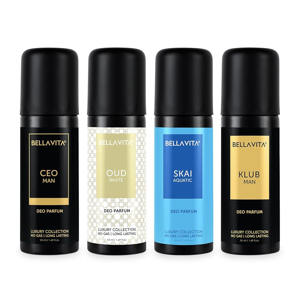 Bella Vita Luxury Unisex Body Parfum Spray Deo Travel Gift Set, Pack Of 4 X 50Ml With Lemon Blackcurrant Lavender & Bergamot No Gas Long Lasting Fragrance Deodorant