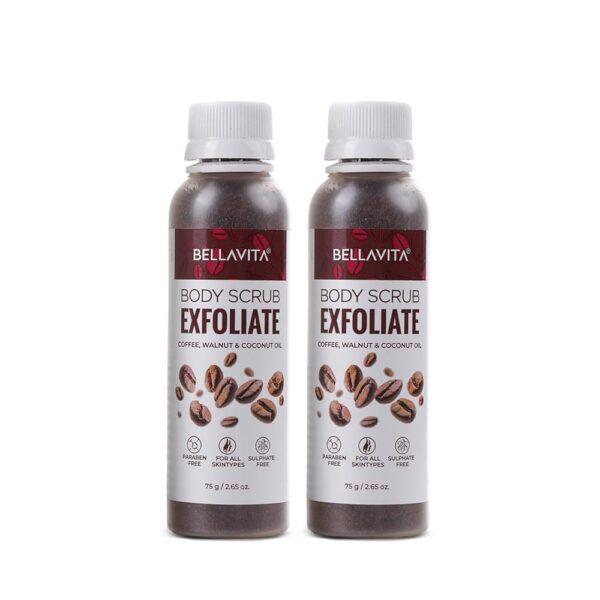 Bella Vita Organic Exfoliate Coffee Scrub For Face & Body, Blackhead Remover, De Tan Removal Ayurveda, Dirt Removal From Neck, Knees, Elbows, Arms, Pack of 2 (75 gm Each)