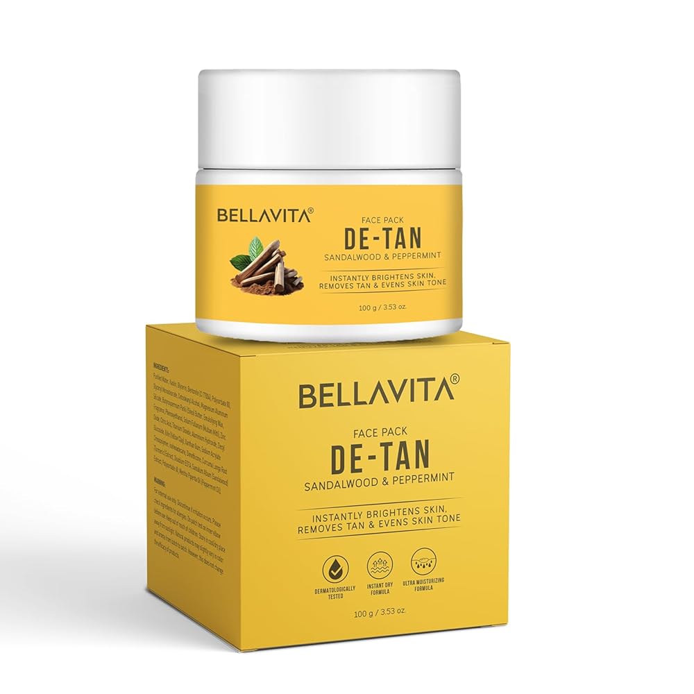 BELLAVITA De-Tan Face Pack | Enriched with Multani Mitti, Kaolin Clay, Yellow Clay & Sandalwood | Removes Tan, Brightens & Evens Skin Tone | For All Skin Types |...