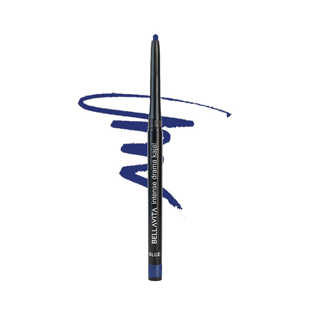 BELLAVITA Intense Drama Kajal Blue Waterproof Smudge Proof | Long Lasting, Enriched with Vitamin E & Almond Oil | pencil Glossy | Kajal for women| 0.3 g