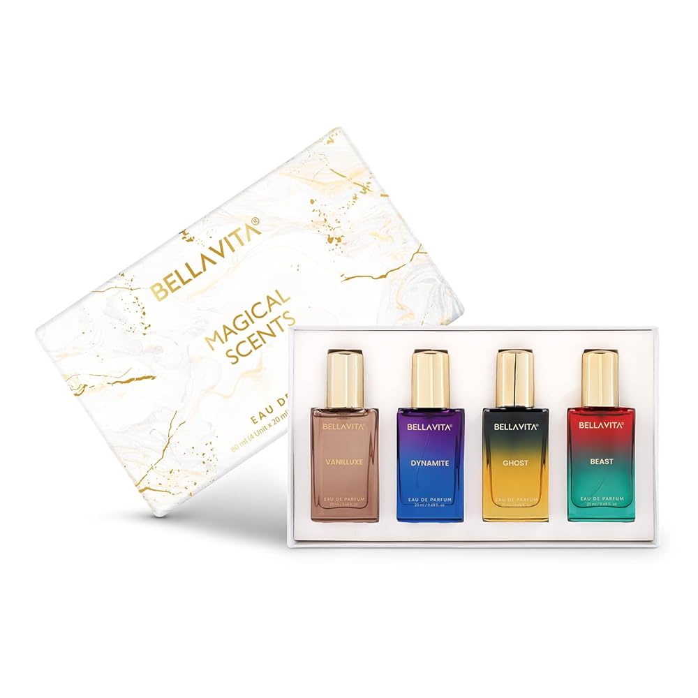 BELLAVITA Magical Scents 4x20ml | Long Lasting EDP Perfume Gift Set for Man and Woman | Vanilla, Caramel & Musk | Floral, Spicy Premium Fragrance for Men and Women