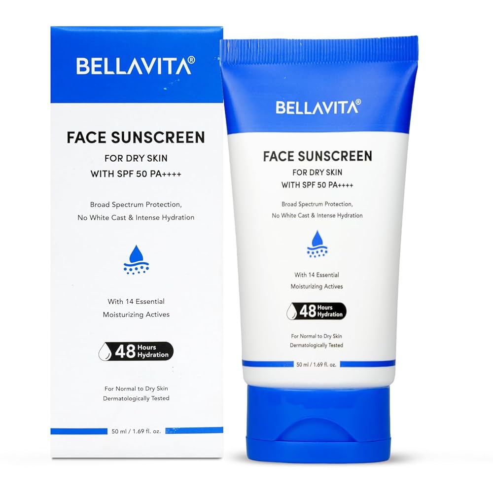 BELLAVITA Sunscreen SPF 50 For Dry Skin|SPF 50 PA++++|Broad Spectrum Protection | No White Cast | Water & Sweat Resistant|Dermatologically Tested|Hydrating Sunscreen|48hrs...