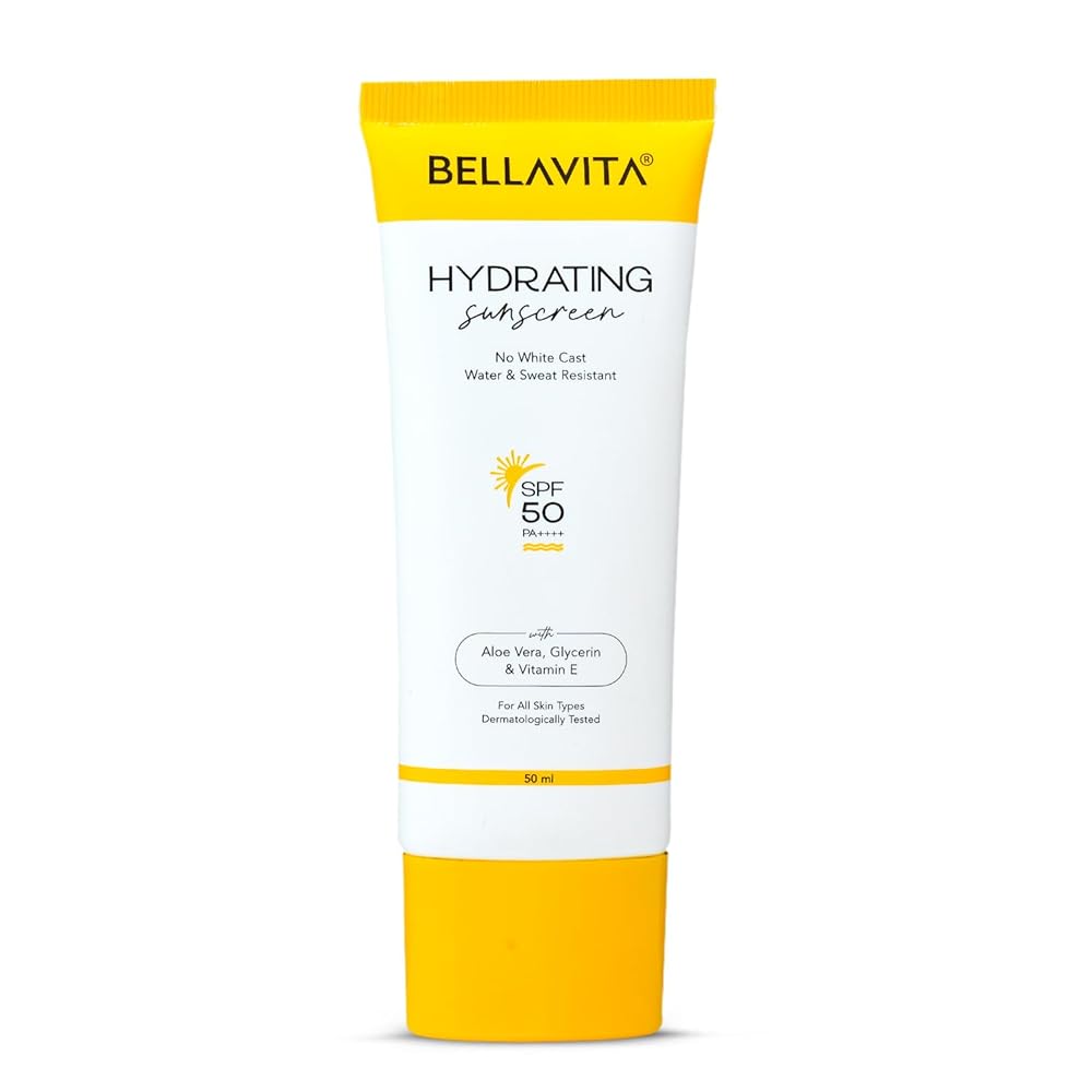 BELLAVITA Water based Hydrating Sunscreen, SPF 50, Lightweight PA+++, For All Skin Types, No White Cast, Non - Greasy Finish, UV Protection, Broad Spectrum, For Men & Women, 50ML