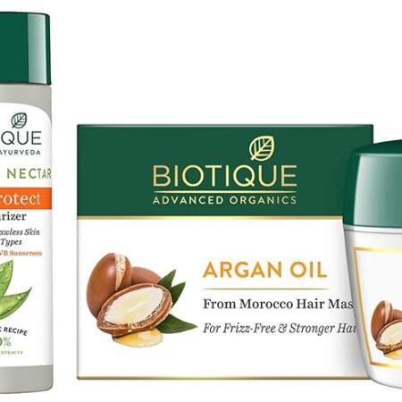 Biotique Argan Oil Hair Mask From Morocco (Ideal For Frizz -Free And Stronger Hair),175G & Morning Nectar Sun Protect Moisturizer For Visibly Flawless All Skin Types,120 Ml for...