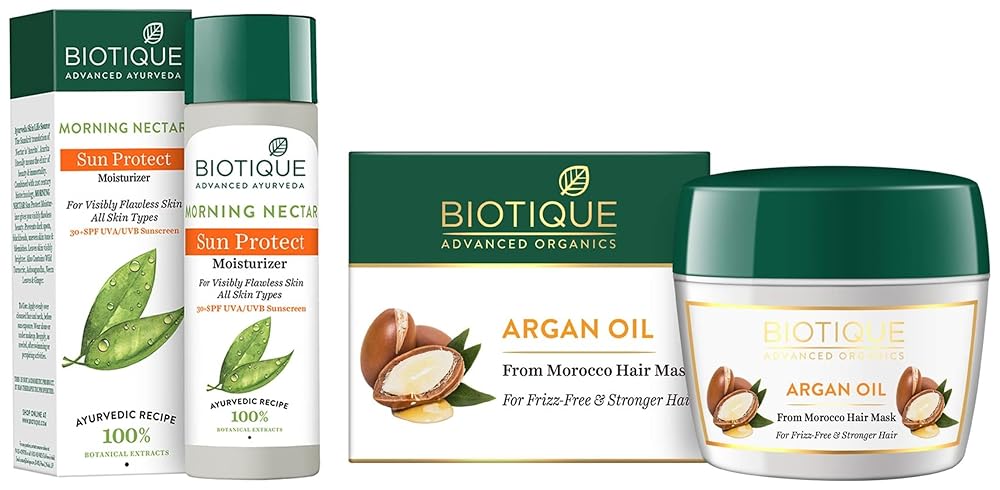 Biotique Argan Oil Hair Mask From Morocco (Ideal For Frizz -Free And Stronger Hair),175G & Morning Nectar Sun Protect Moisturizer For Visibly Flawless All Skin Types,120 Ml for...