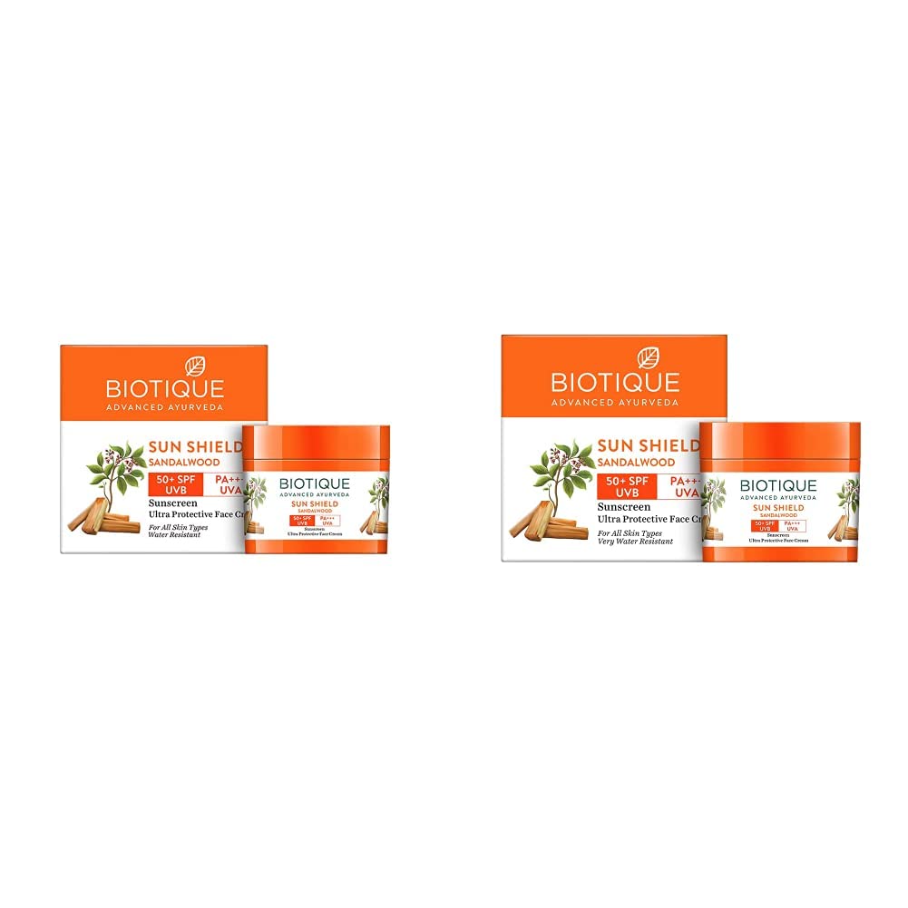 Biotique Bio Sandalwood Sunscreen Ultra Soothing Face Lotion, SPF 50+, 50ml and Biotique Bio Sandalwood Face & Body Sun Cream Spf 50 Uva/Uvb Sunscreen For All Skin Types In The Sun