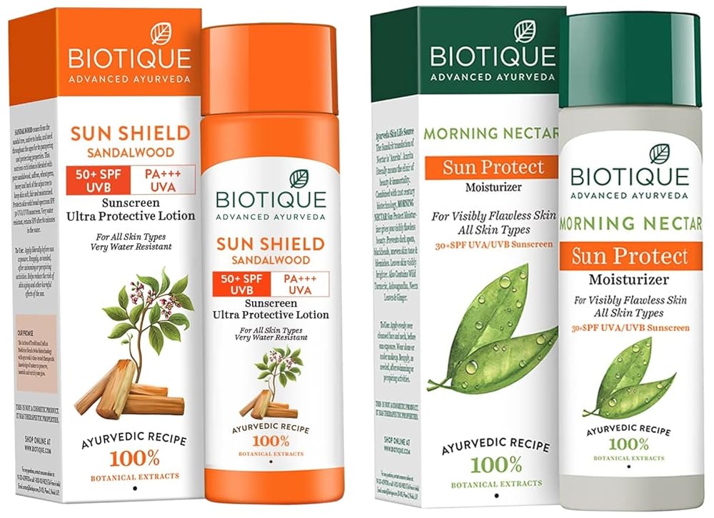 Biotique Sandalwood 50+ Spf Uva/Uvb Sunscreen For All Skin Types Ultra Soothing Face Lotion,120Ml&Bio Morning Nectar Sunscreen For All Skin Types Ultra Soothing Face Lotion,Spf...