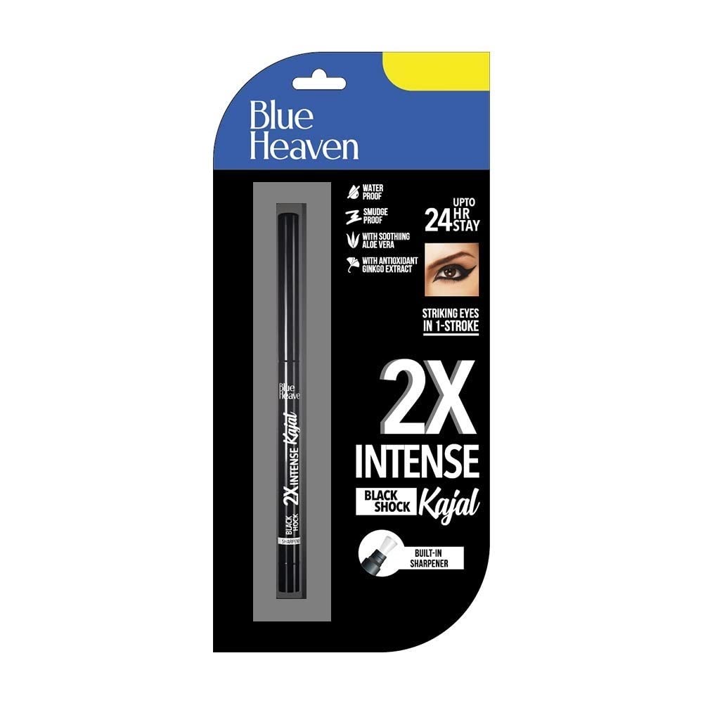 Blue Heaven 2X Intense Kajal, Black Shock | With Soothing Aloe Vera | Upto 24Hr Stay | Long Lasting & Smudge Proof Pencil, Black Matte Finish, 0.30Gm