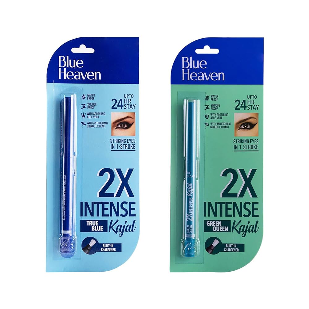 Blue Heaven 2X Intense Kajal Combo Green Queen And True Blue | With Soothing Aloe Vera | Upto 24Hr Stay | Long Lasting And Smudge Proof Pencil | Matte Finish| Pack Of 2 | 0.30G...