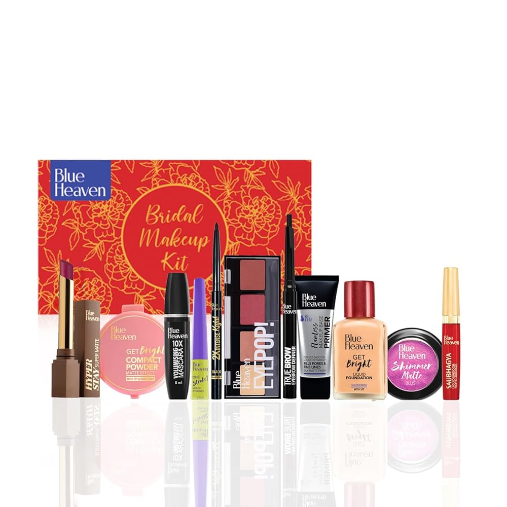 Blue Heaven All-In-One Bridal Makeup Kit for women | Pack of 11 | Primer, Foundation, Compact Powder, Eyebrow Definer, Eyeliner, Kajal, Mascara, Eyeshadow, Lipstick, Sindoor &...