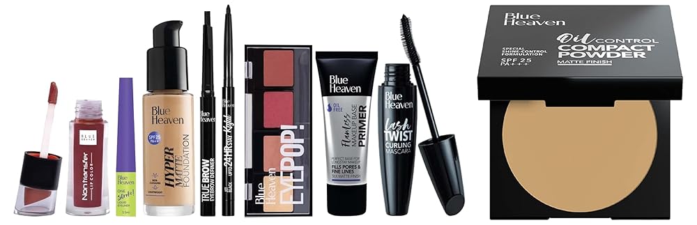 Blue Heaven Festive MakeUp Kit For Women, Medium Tone Combo, 75gm (Pack of 8)&Blue Heaven Oil Control Compact Powder, SPF 25, Matte Finish, Honey 301, 8gm