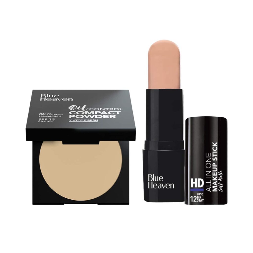 Blue Heaven Oil control Compact Powder-Cream Blush & All In One Make Up Stick-Cream Blush Combo - Blue Heaven