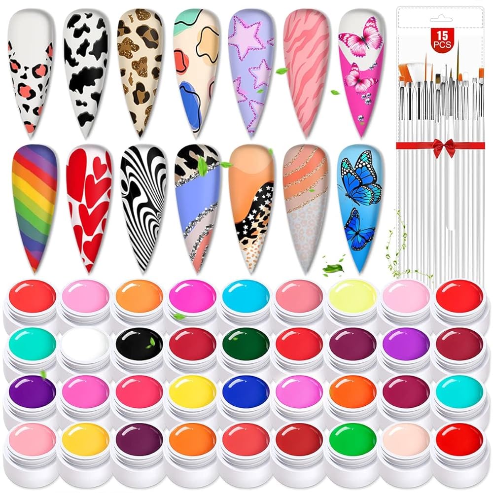 Bolt Bee 36-Color Gel Paint Nail Art Kit: DIY Nail Art Design & Manicure Salon Kit with 36 Colours, 15 Brushes