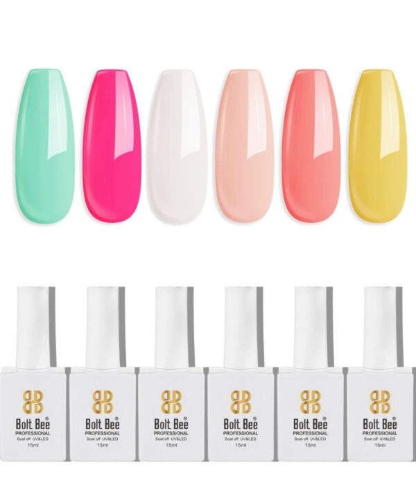 BOLT BEE Gel Nail Polish Kit Set - 6 Color Mint Green, Rose Red, White, Yellow, Orange Soak Off Finish (22+43+01+02+108+34)),15 Milliliters