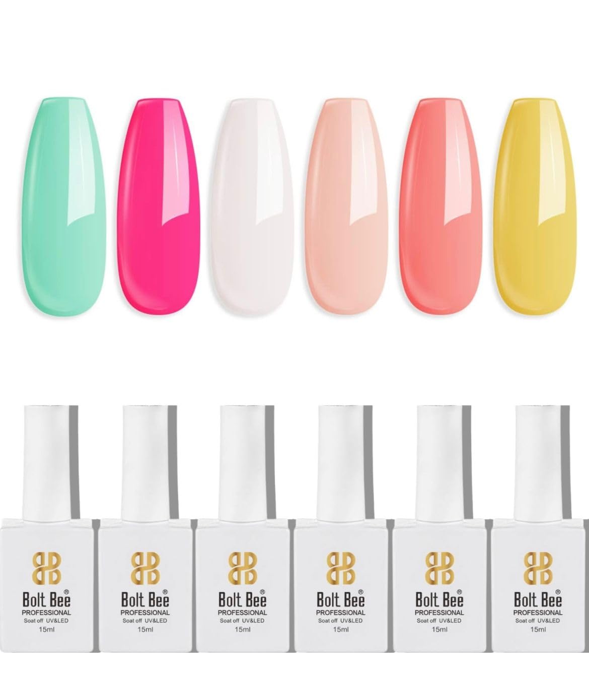BOLT BEE Gel Nail Polish Kit Set - 6 Color Mint Green, Rose Red, White, Yellow, Orange Soak Off Finish (22+43+01+02+108+34)),15 Milliliters