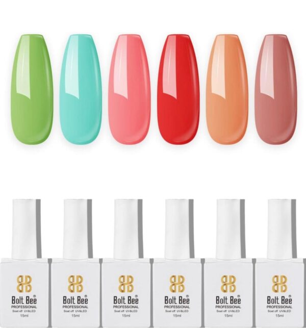 BOLT BEE Gel Nail Polish Kit Set - Summer 6 Colors Collection Bright Red Mint Green Nail Polish Set Neon Pink Green Orange Finish(27+21+105+47+40+138),15 Milliliters