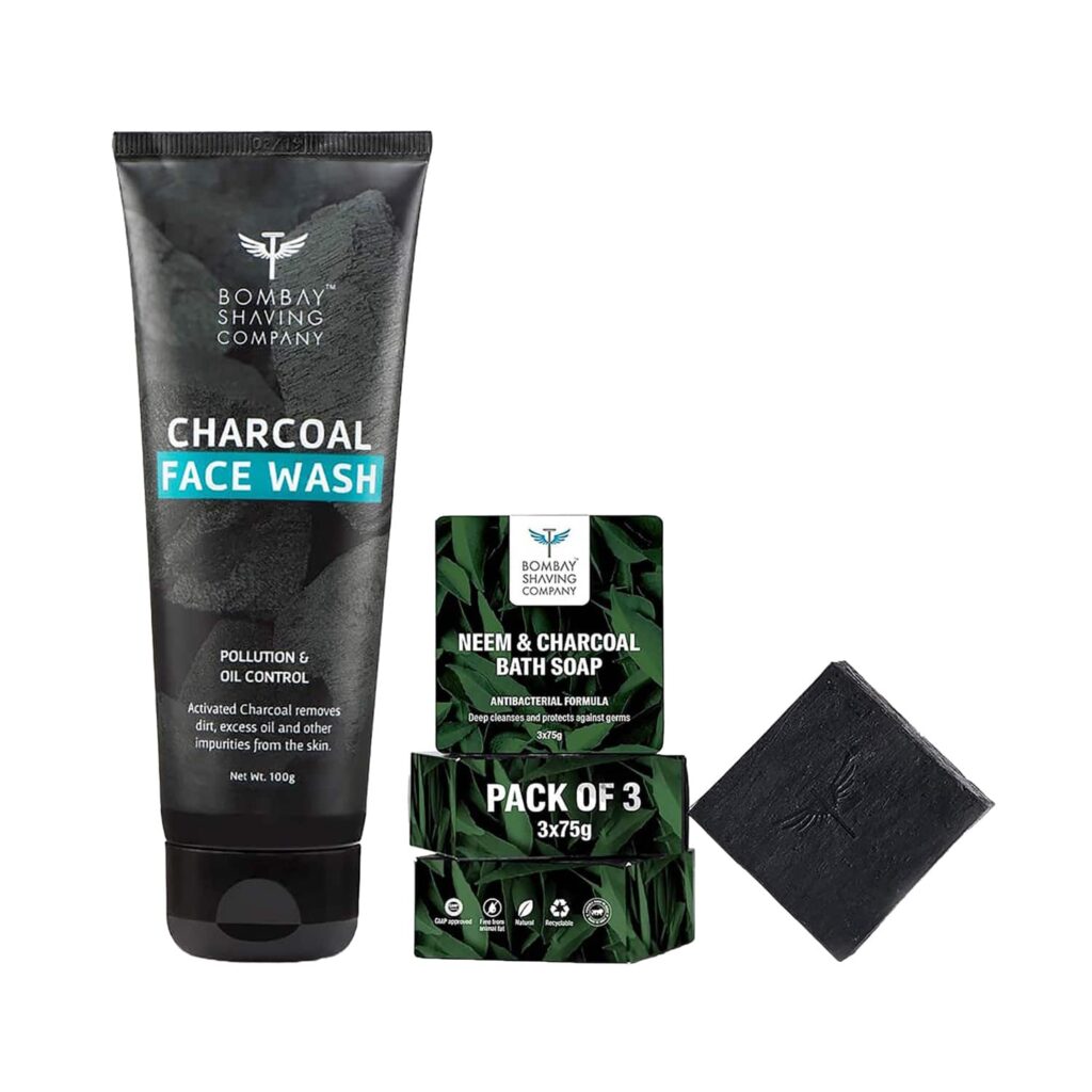 Bombay Shaving Company Charcoal Face Wash (100 g) + Neem & Charcoal Bath Soap (3 pcs) For Men Combo - Bombay Shaving Company