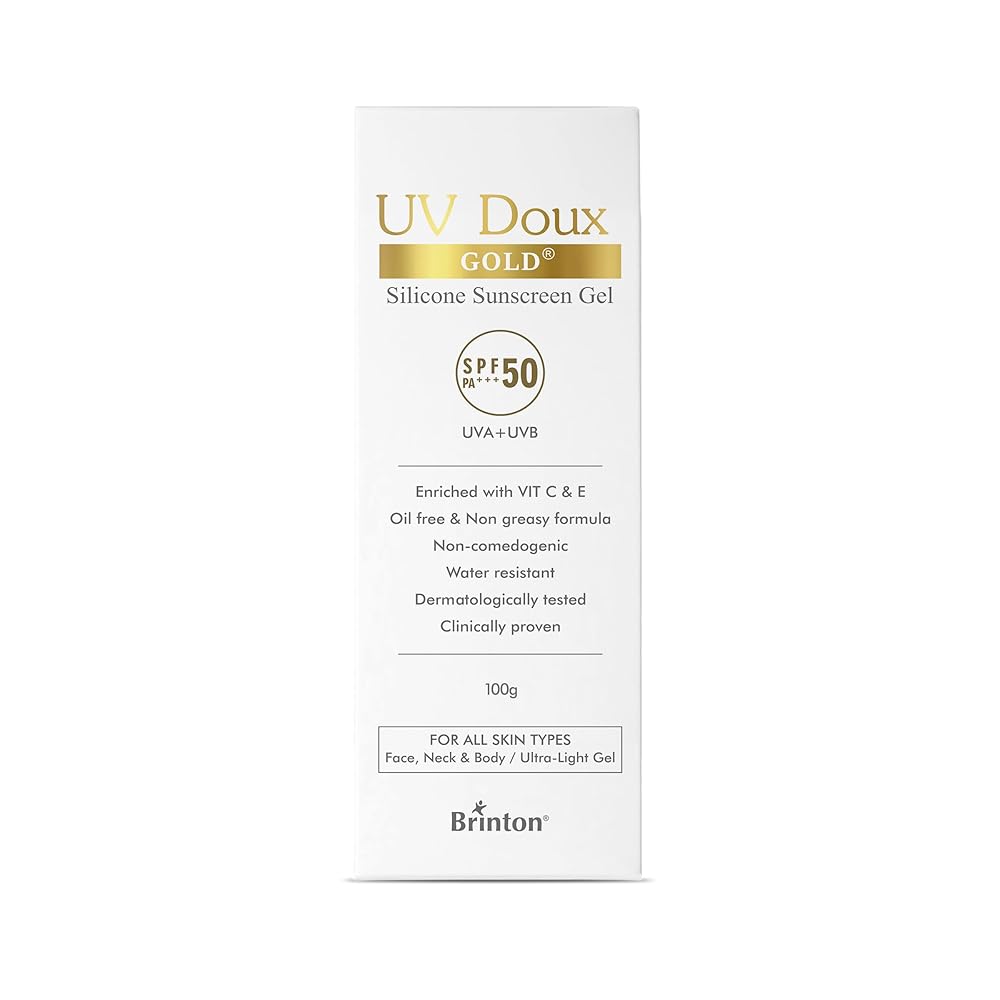 Brinton UV Doux Gold Silicone Sunscreen Gel SPF 50 PA+++ With Vitamin C&E|Clinically Tested,Water Resistant&Non- Greasy|UVA/UVB Protection Against UVA/UVB Rays| For All Skin...
