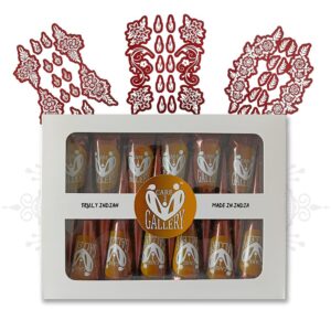 CareOne Gallery Instant Henna Outline Paste Mehendi Cone | With Set of 3 Full Hand Stickers/Stencils | Without Chemicals | Long Lasting | Pack of 12 Pieces | Brown Color