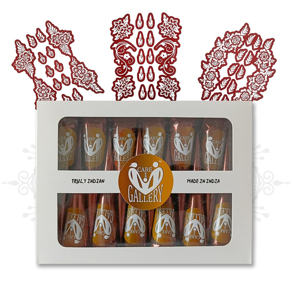 CareOne Gallery Instant Henna Outline Paste Mehendi Cone | With Set of 3 Full Hand Stickers/Stencils | Without Chemicals | Long Lasting | Pack of 12 Pieces | Brown Color