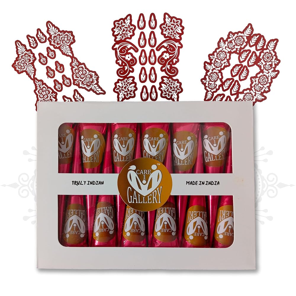 CareOne Gallery Instant Henna Paste Mehendi Cone | With Set of 3 Full Hand Stickers/Stencils | Without Chemicals | Long Lasting | Pack of 12 Pieces | Cherry Red Color