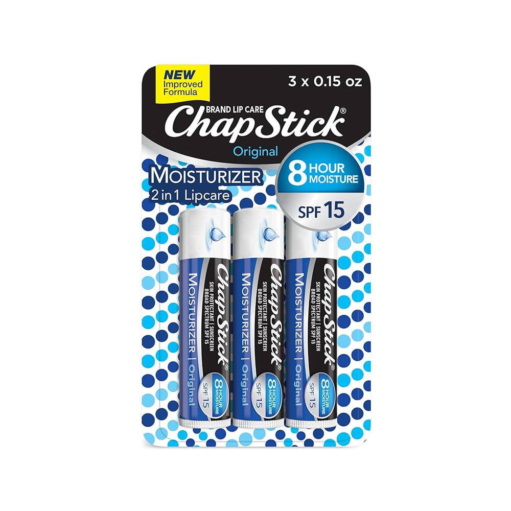ChapStick Lip Moisturizer and Skin Protectant (Original Flavor, 1 Blister Pack of 3 Sticks) Lip Balm Tube, Sunscreen, SPF 12, 0.15 Ounce