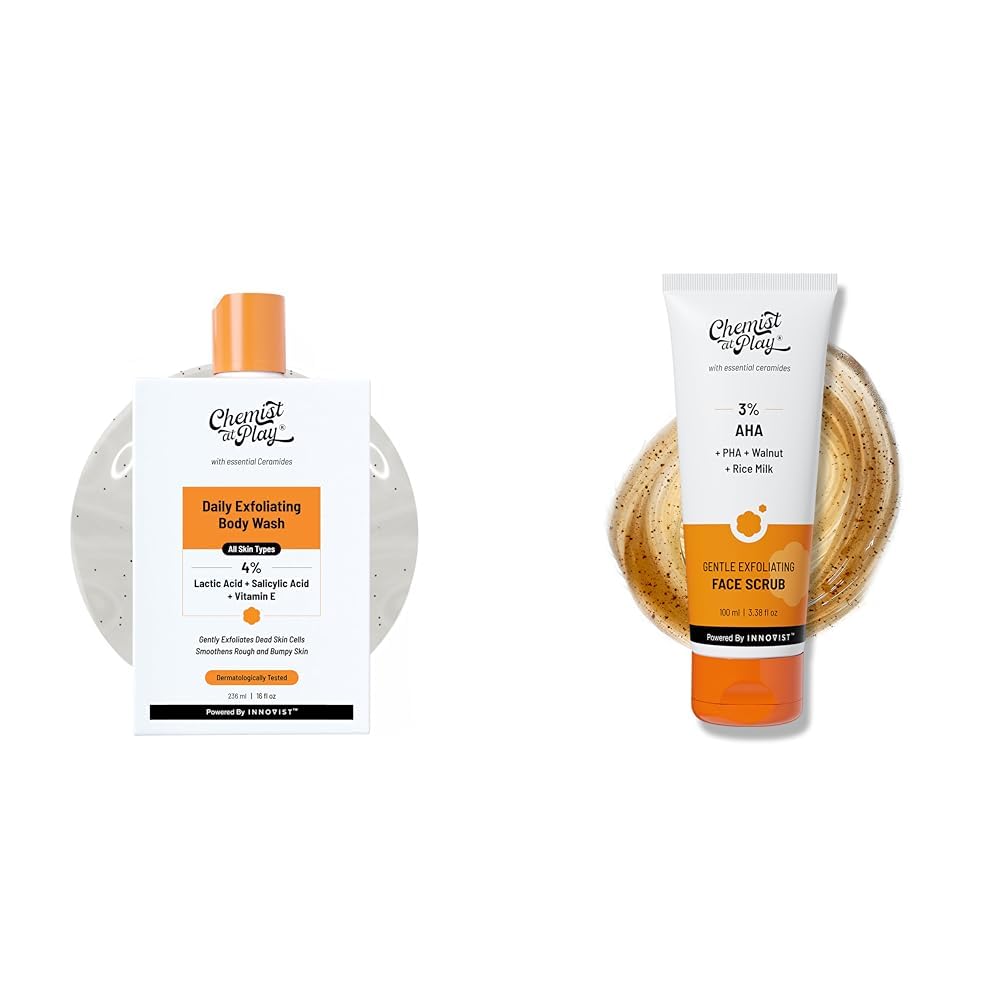 Chemist At Play 1% Salicylic Acid Exfoliating Body Wash 236ml For Men & Women + Gentle Exfoliating Face Scrub with Mandelic Acid & Walnuts for Women + & Men | 100ml