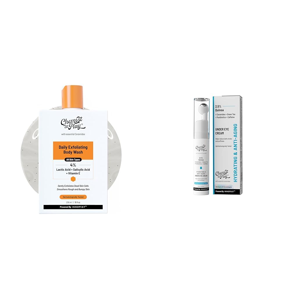 Chemist At Play 1% Salicylic Acid Exfoliating Body Wash 236ml For Men & Women + Under Eye Cream with 2% Revital Eye & Quinoa Extract Cooling Gel & Roller for Men & Women + | 15 g
