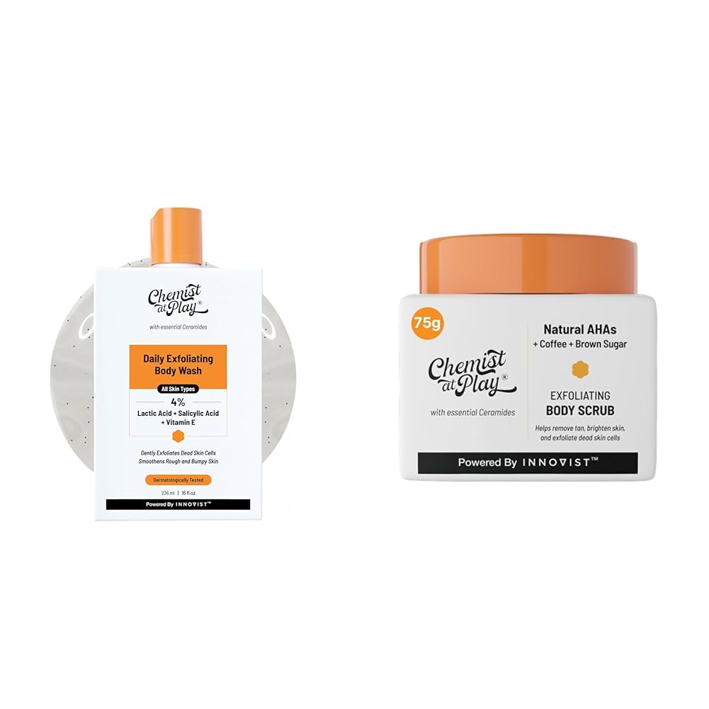Chemist At Play 1% Salicylic Acid Exfoliating Body Wash 236ml For Men & Women + Exfoliating Body Scrub For Removing Tan & Dead Skin Cells For Men & Women + | 75g