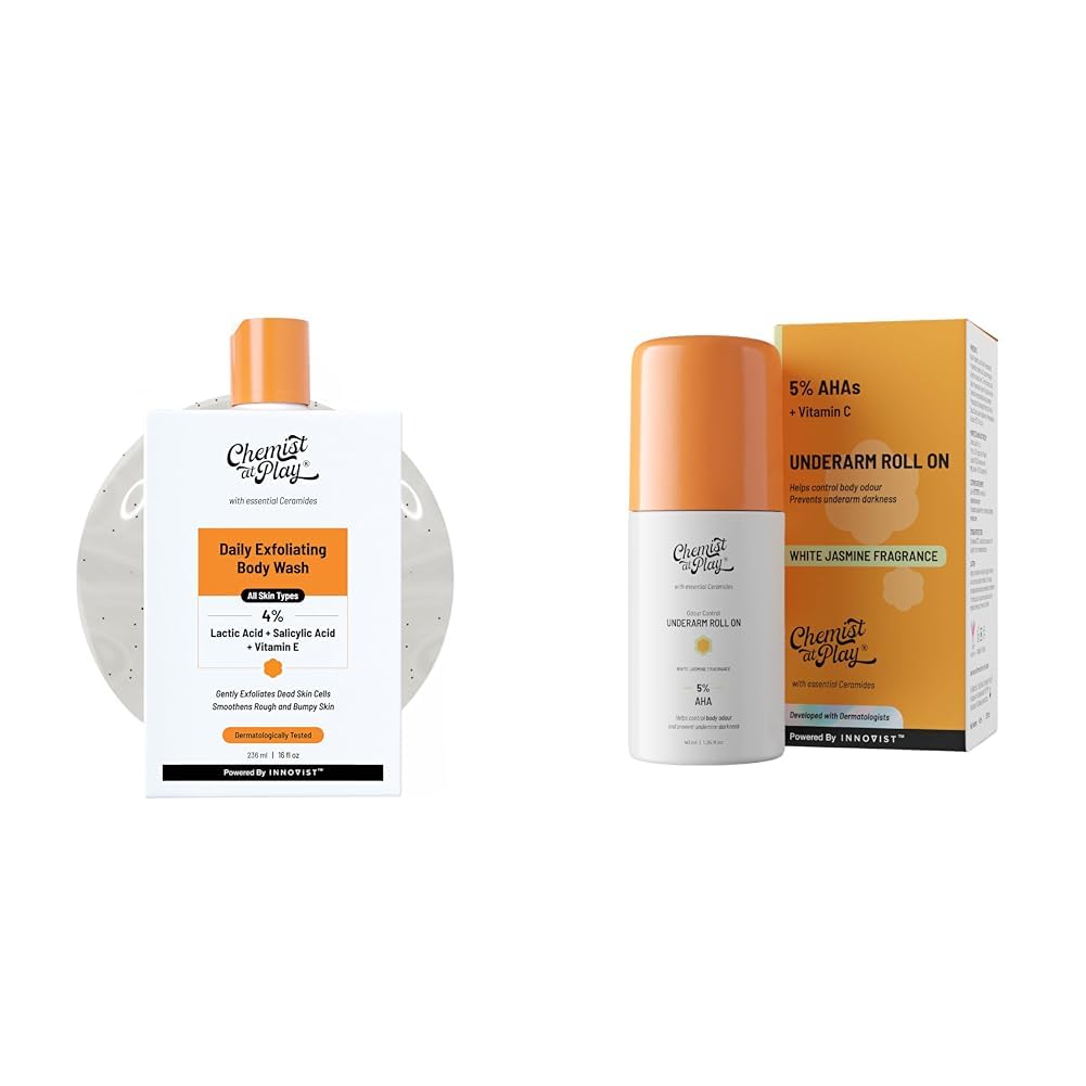 Chemist At Play 1% Salicylic Acid Exfoliating Body Wash 236ml For Men & Women + UnderArm Roll-On Deodorant with 5% AHA, Lactic Acid & 1% Mandelic Acid Vegan | SLS Free | 40ml